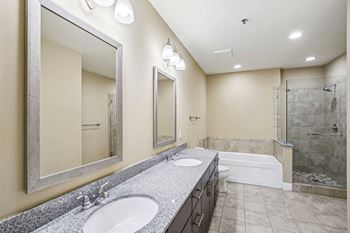 A bathroom with a double sink vanity and a large mirror.